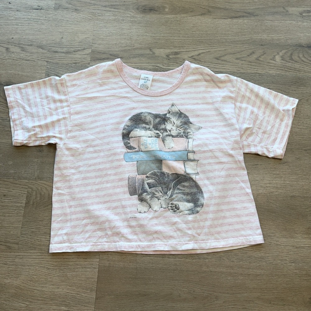 99s USA Vtg Sleeping Cats Print T-shirt One Size S Retro Granola Cat Women's - Picture 1 of 8